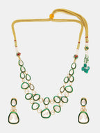 Ruby Raang Gold Polished Kundan Work Green Meenakari Kundan Layered Necklace With Earrings