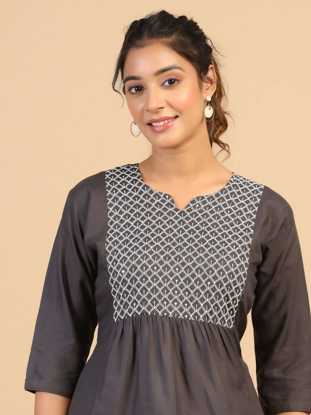 Womens Grey Rayon Yoke Embroidered Top - Keeva