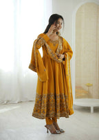 Teeya Creation Yellow Roman Silk Embroidery Work Party Wear long Gown - Distacart