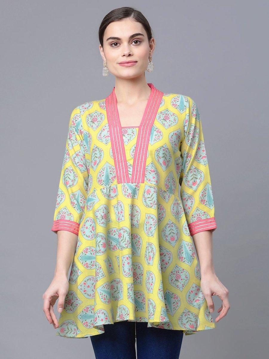 Ahalyaa Women Cotton Blend Lemon Yellow Digital Printed Tunic - Distacart