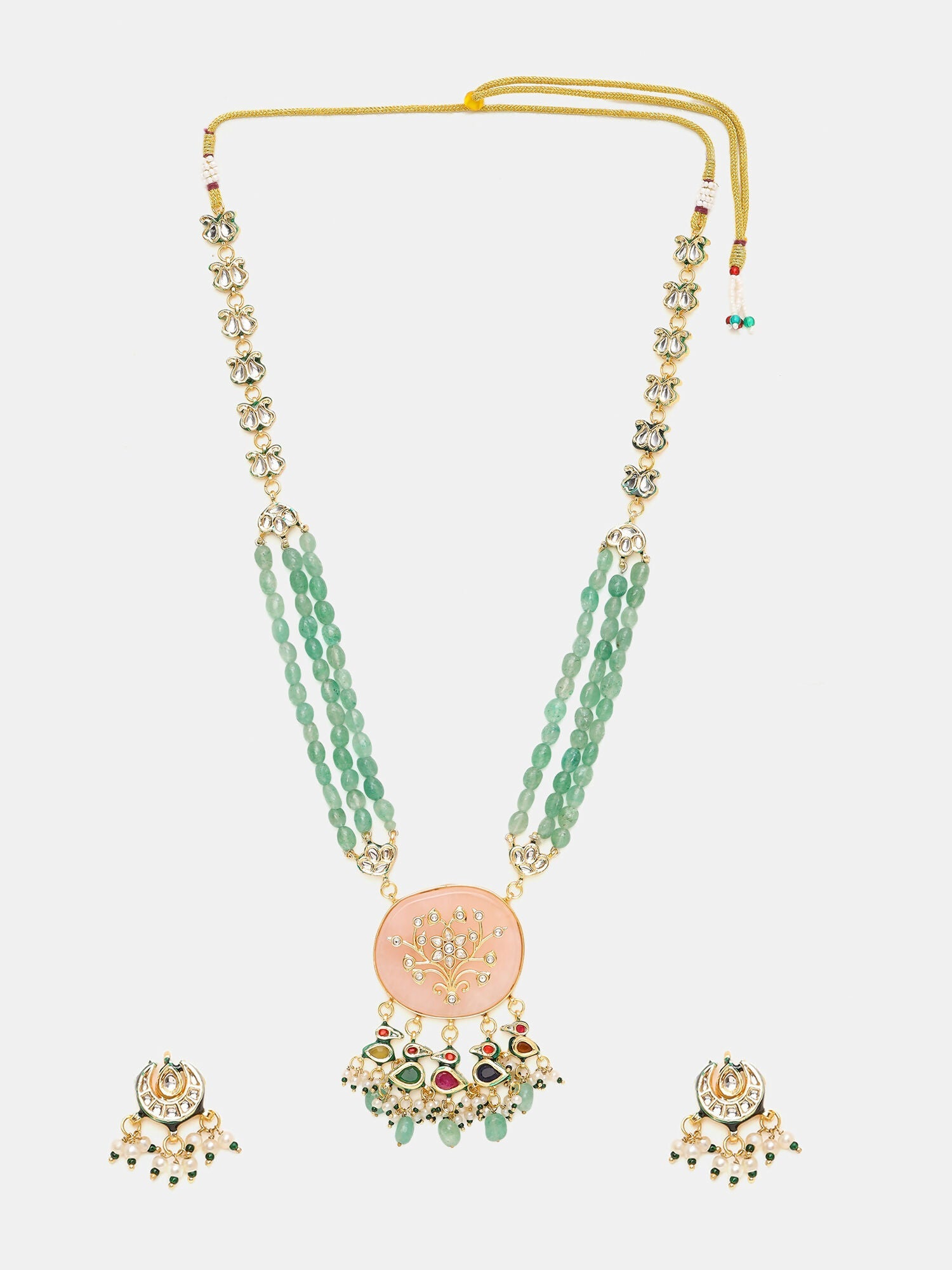 Ruby Raang Gold Polished Green Long Kundan And Stonework Necklace With Earrings