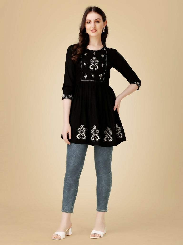 Jyoti Fashion Women's Black Viscose Rayon Embroidered Casual Top
