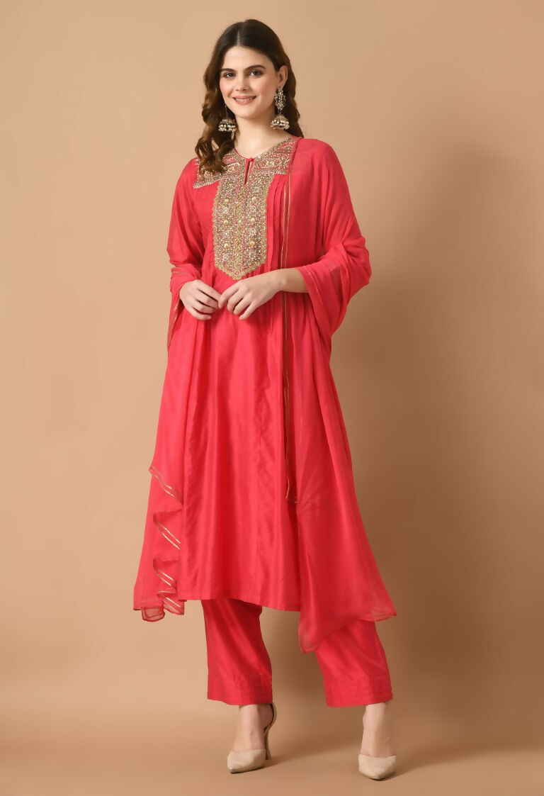 Joban Fashion Red Chanderi Kurta Set