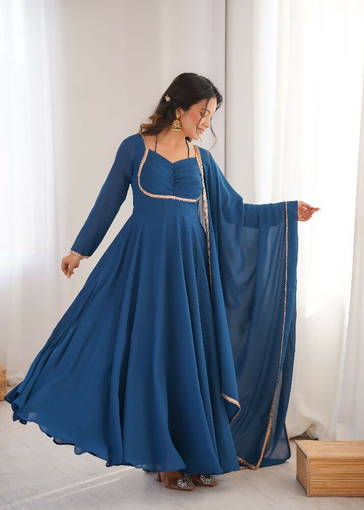 Teeya Creation Blue Faux Georgette Designer Party Wear Long Gown - Distacart