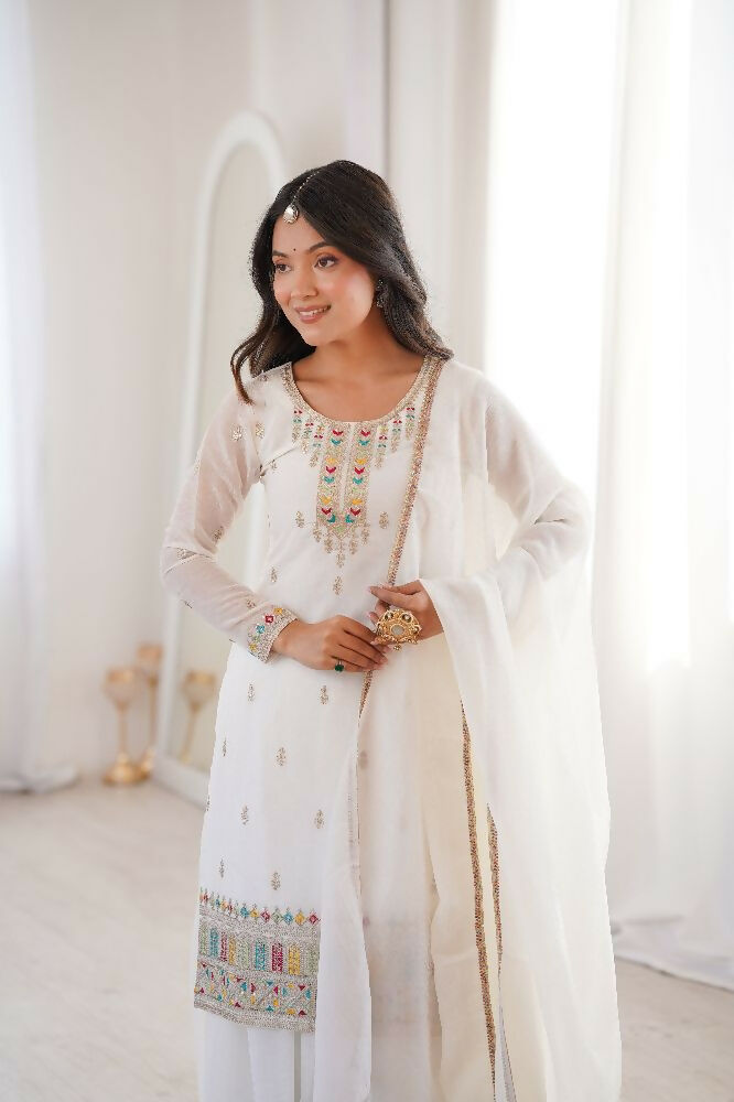 Teeya Creation White Color Soft Crunchy Silk Party Wear Designer Sharara set - Distacart