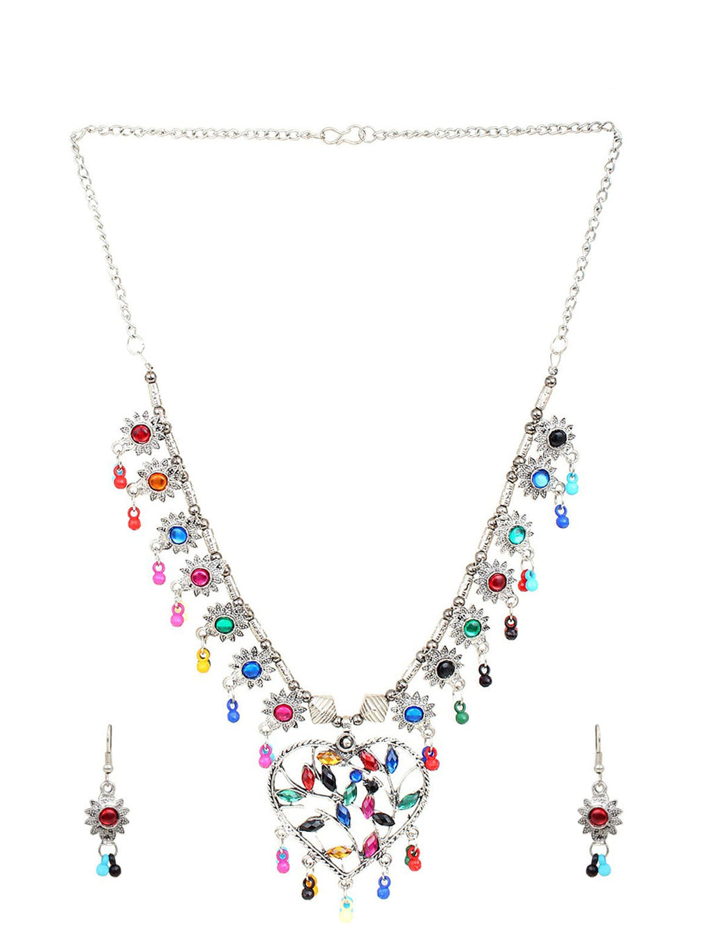 Cardinal Multi-Colored Heart Oxidised Long Jewellery Set - Distacart