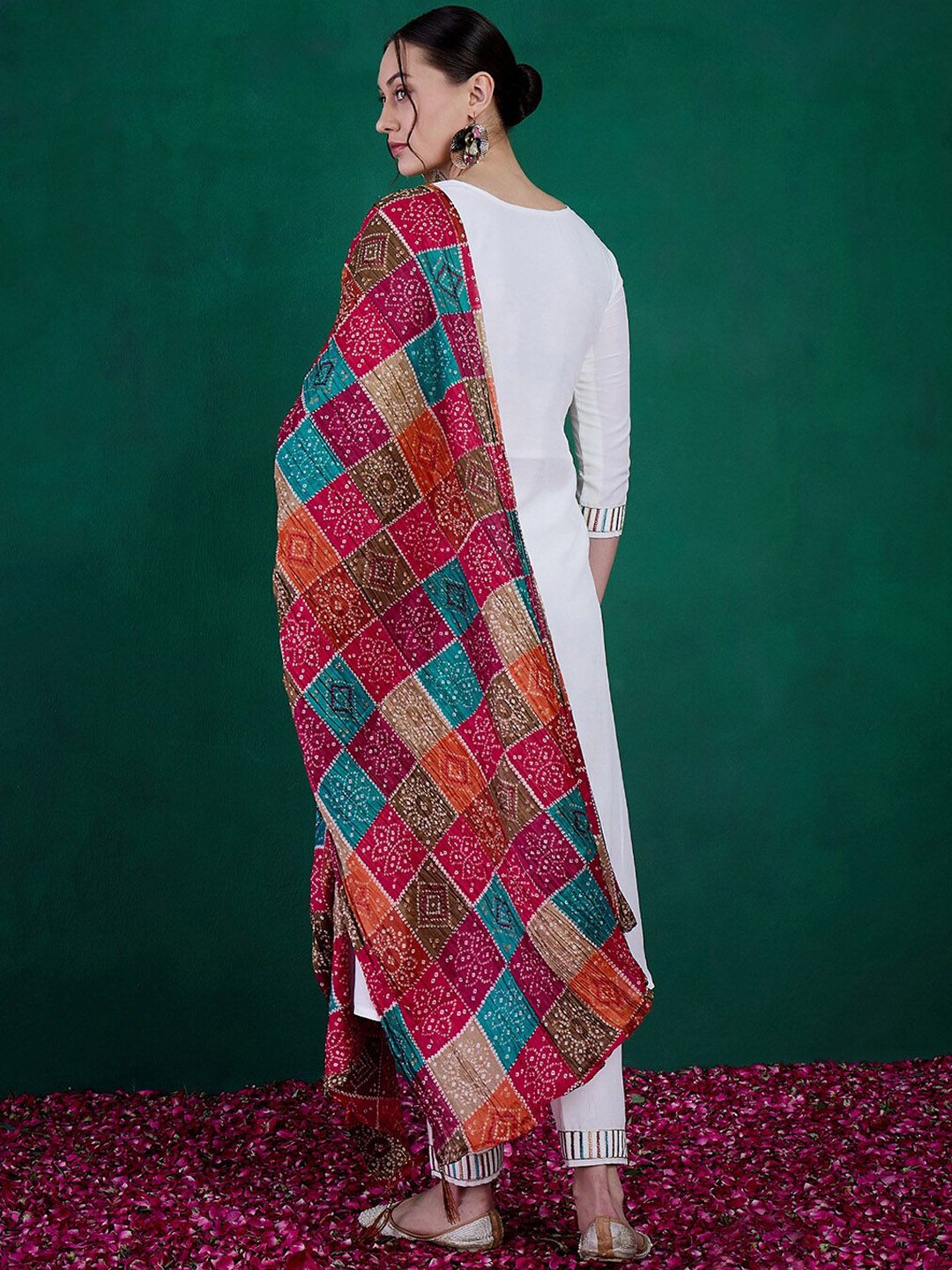 Sangria Floral Yoke Embroidered Straight Kurta & Trousers With Dupatta