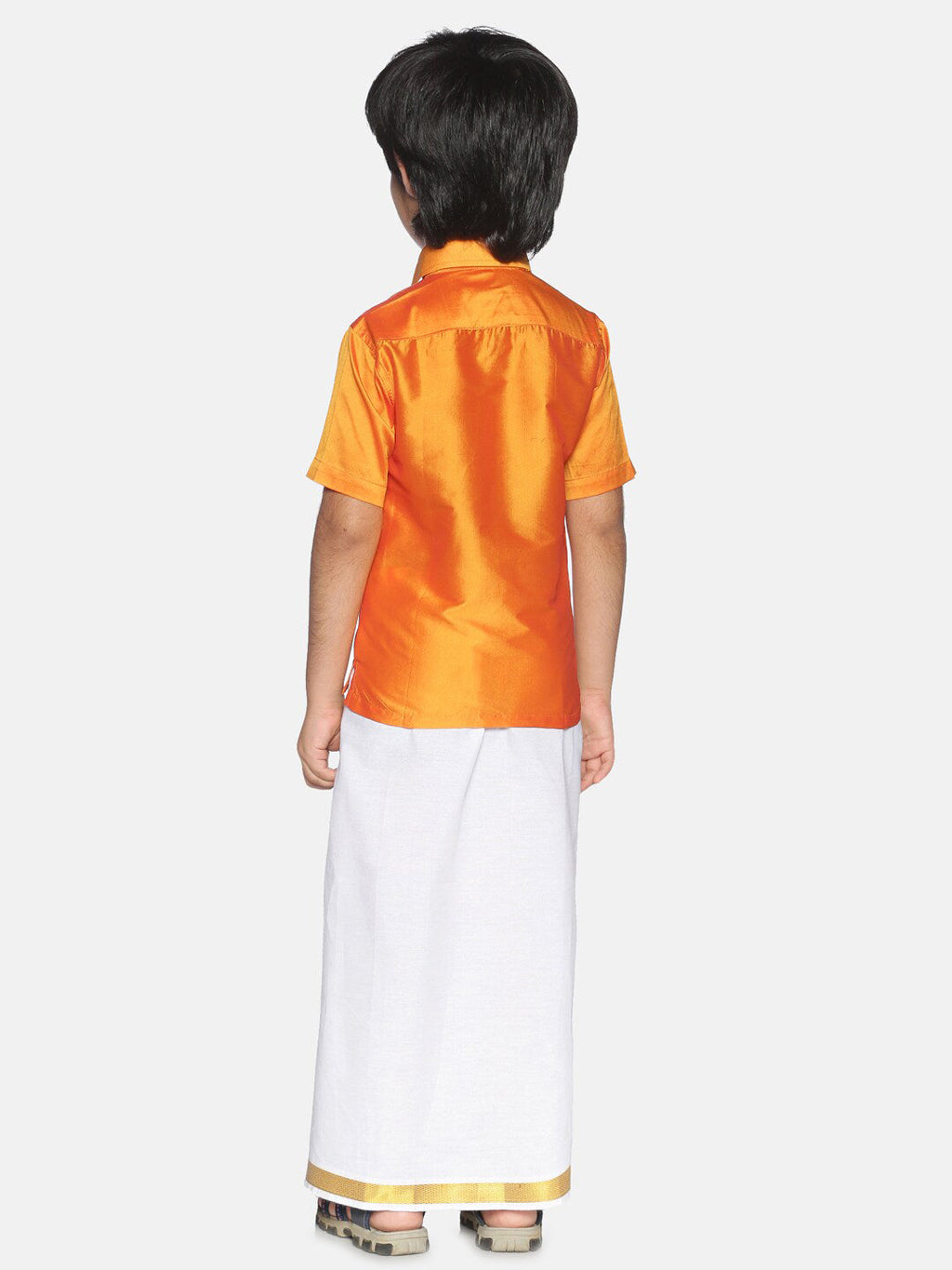 Sethukrishna Boys Orange & White Solid Shirt with Pure Cotton Dhoti Set