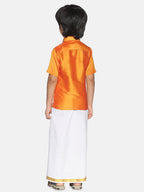 Sethukrishna Boys Orange & White Solid Shirt with Pure Cotton Dhoti Set