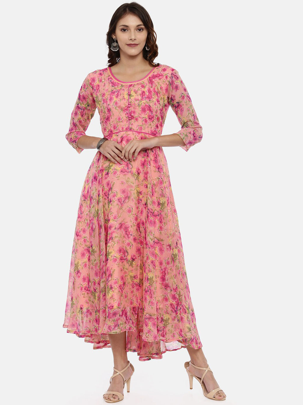 Souchii Women Pink & Yellow Floral Printed Fit & Flare Dress - Distacart