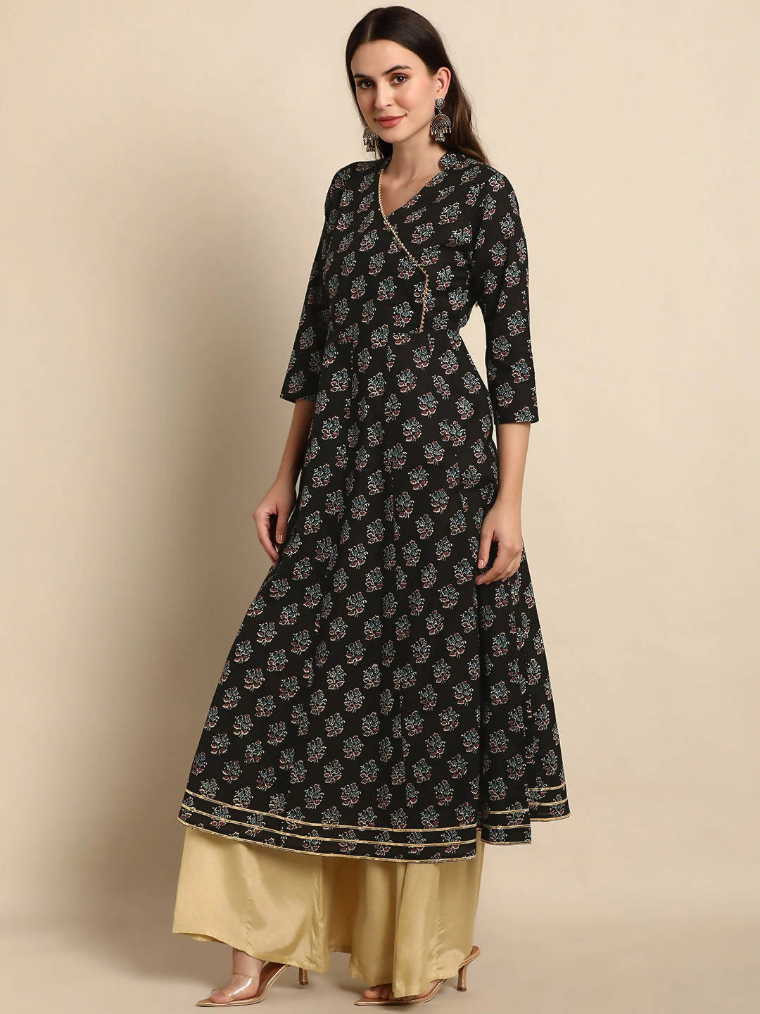 Janasya Black Ethnic Motif Printed Gotta Patti Anarkali Kurta - Distacart
