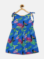 Manet Girls Cotton String Tie Frock Parrot Printed - Blue
