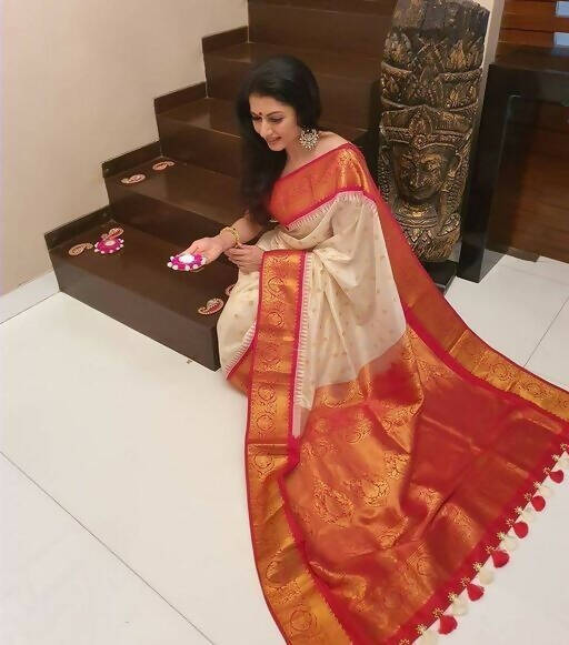 DEIANA'S Beautiful Designer Golden zari Soft Lichi Silk Saree - White