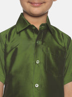 Sethukrishna Boys Olive Green & White Shirt And Veshti Set