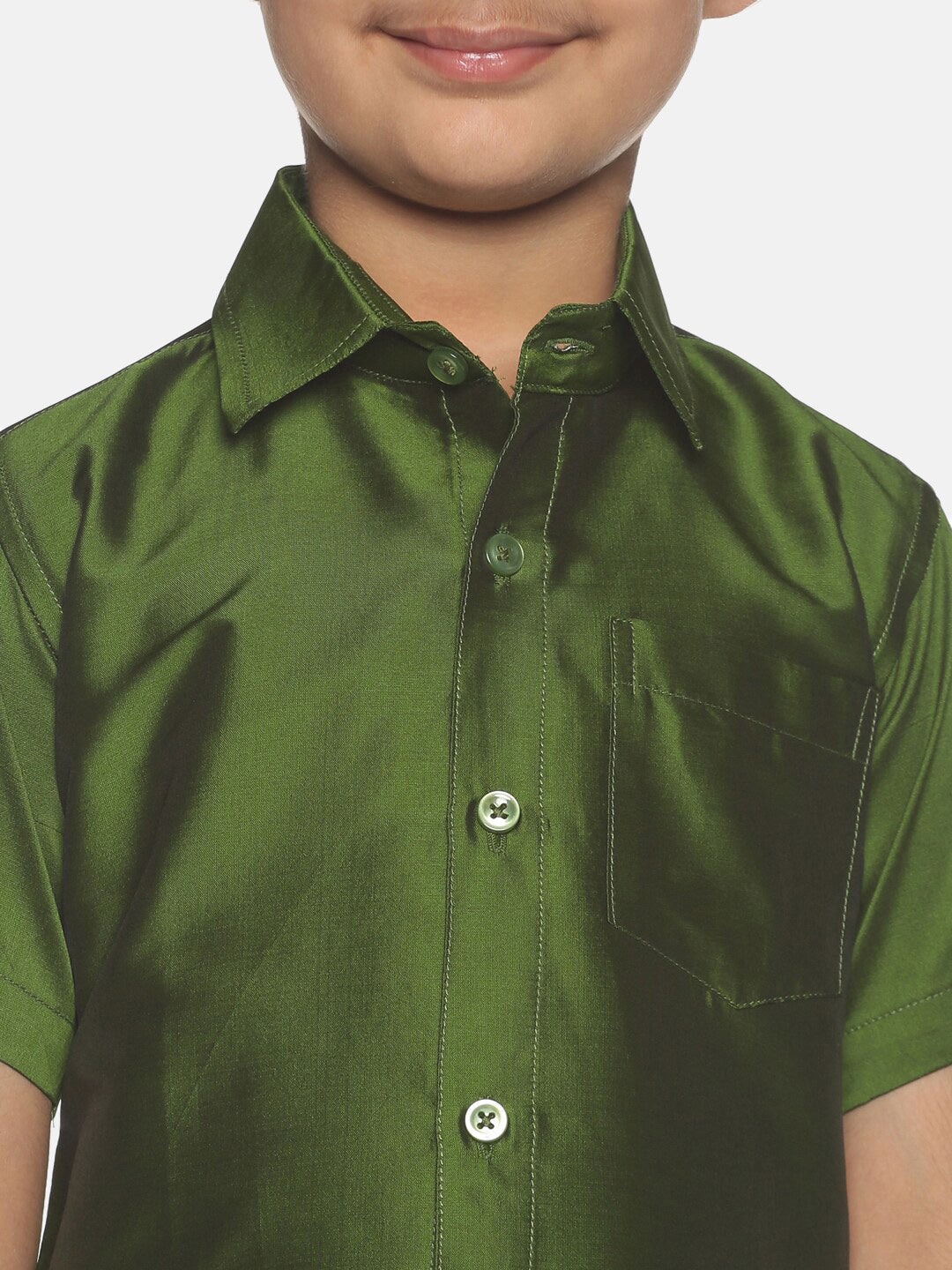 Sethukrishna Boys Olive Green & White Shirt And Veshti Set