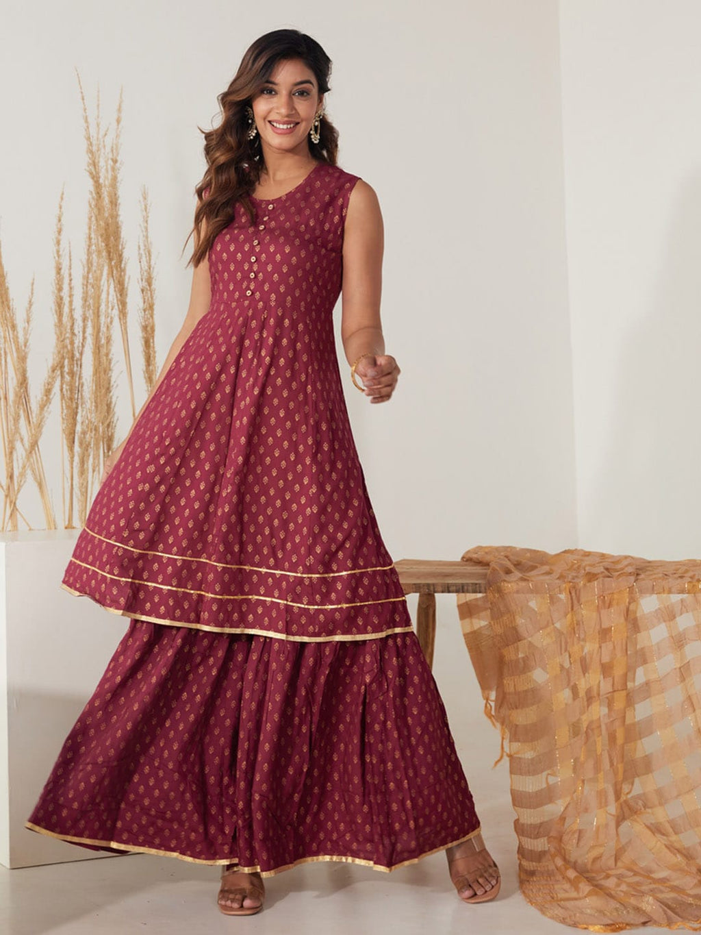 HERE&NOW Women Maroon Ethnic Motifs Printed Kurta with Palazzos & With Dupatta
