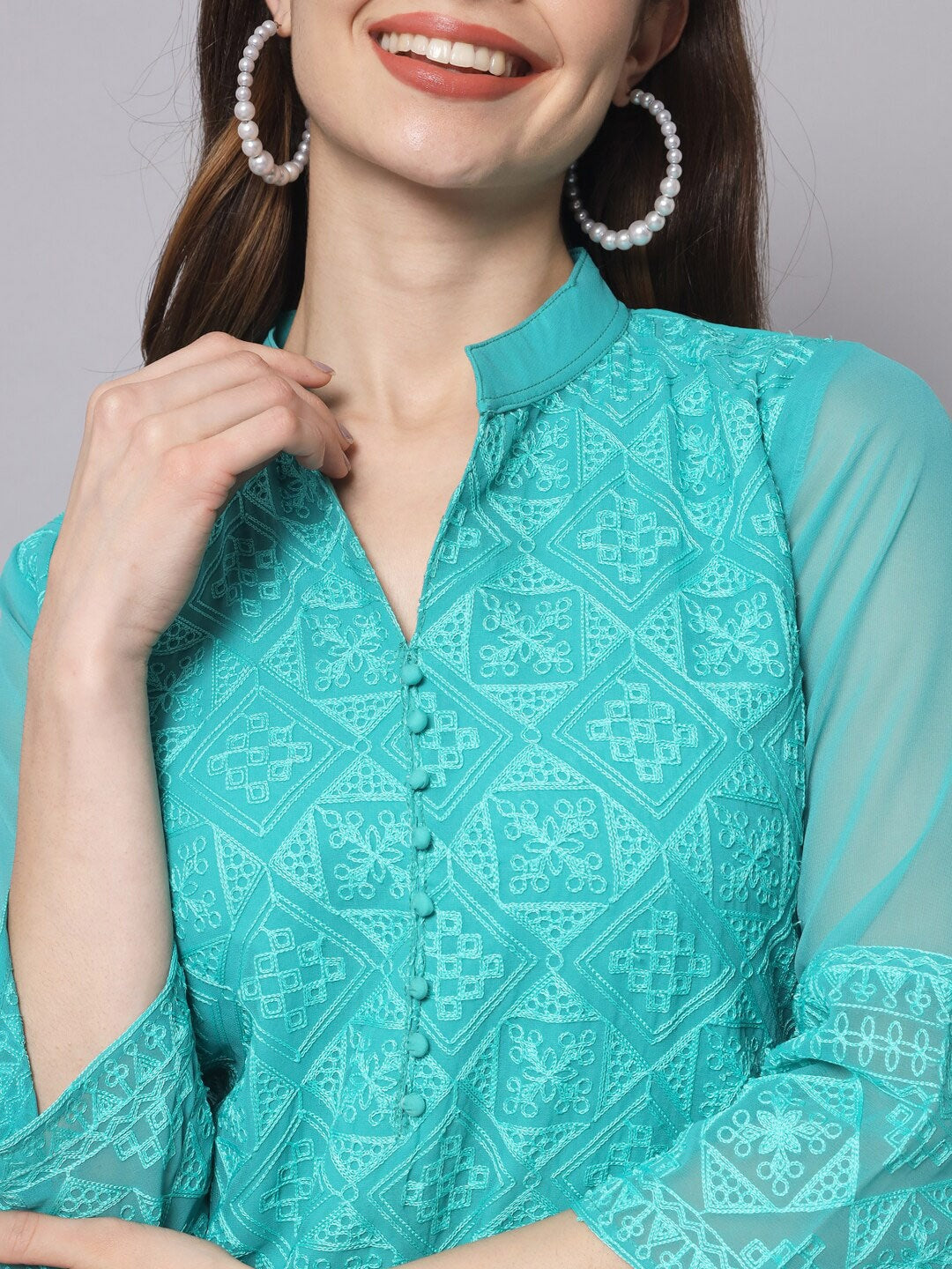 HERE&NOW Women Turquoise Blue Ethnic Motifs Embroidered Thread Work Georgette Kurta