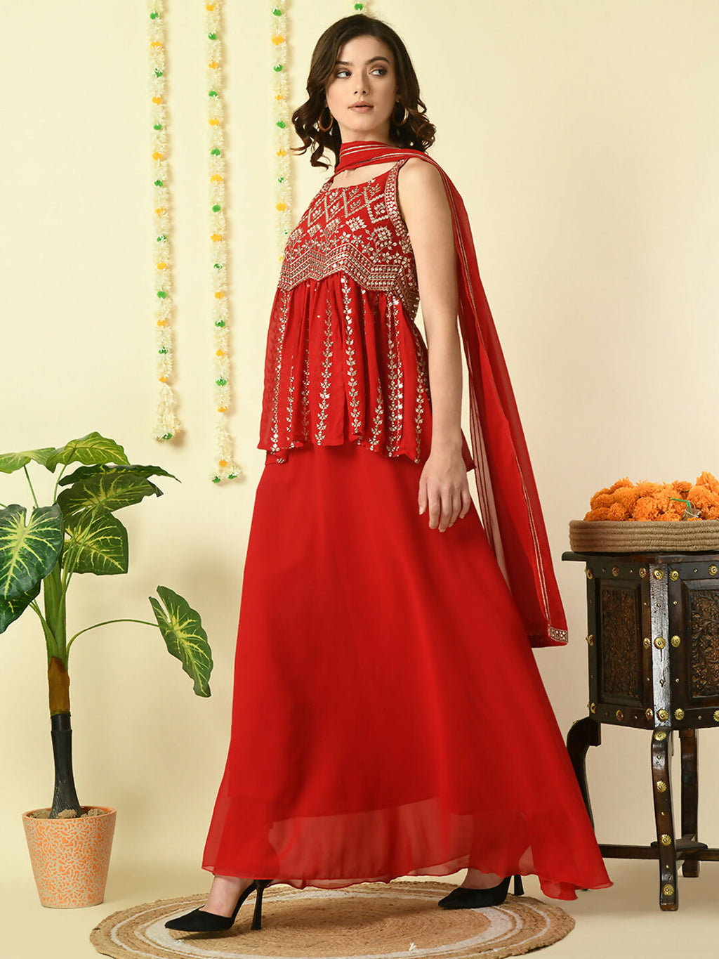 Myshka Women's Red Georgette Top & Skirt With Dupatta Party Sets