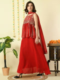 Myshka Women's Red Georgette Top & Skirt With Dupatta Party Sets