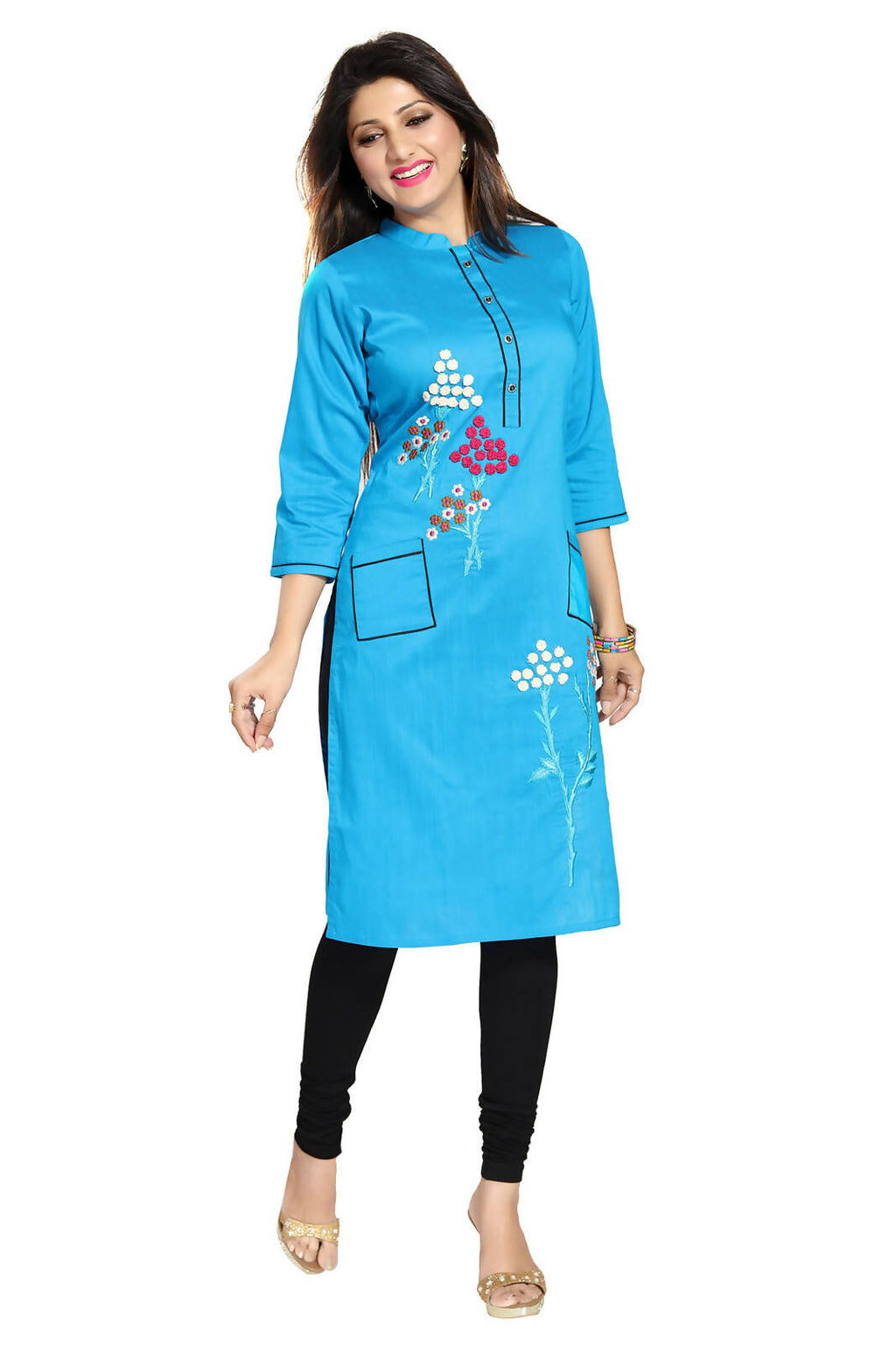 Snehal Creations Raw Silk Embroidery Blue Straight Tunic