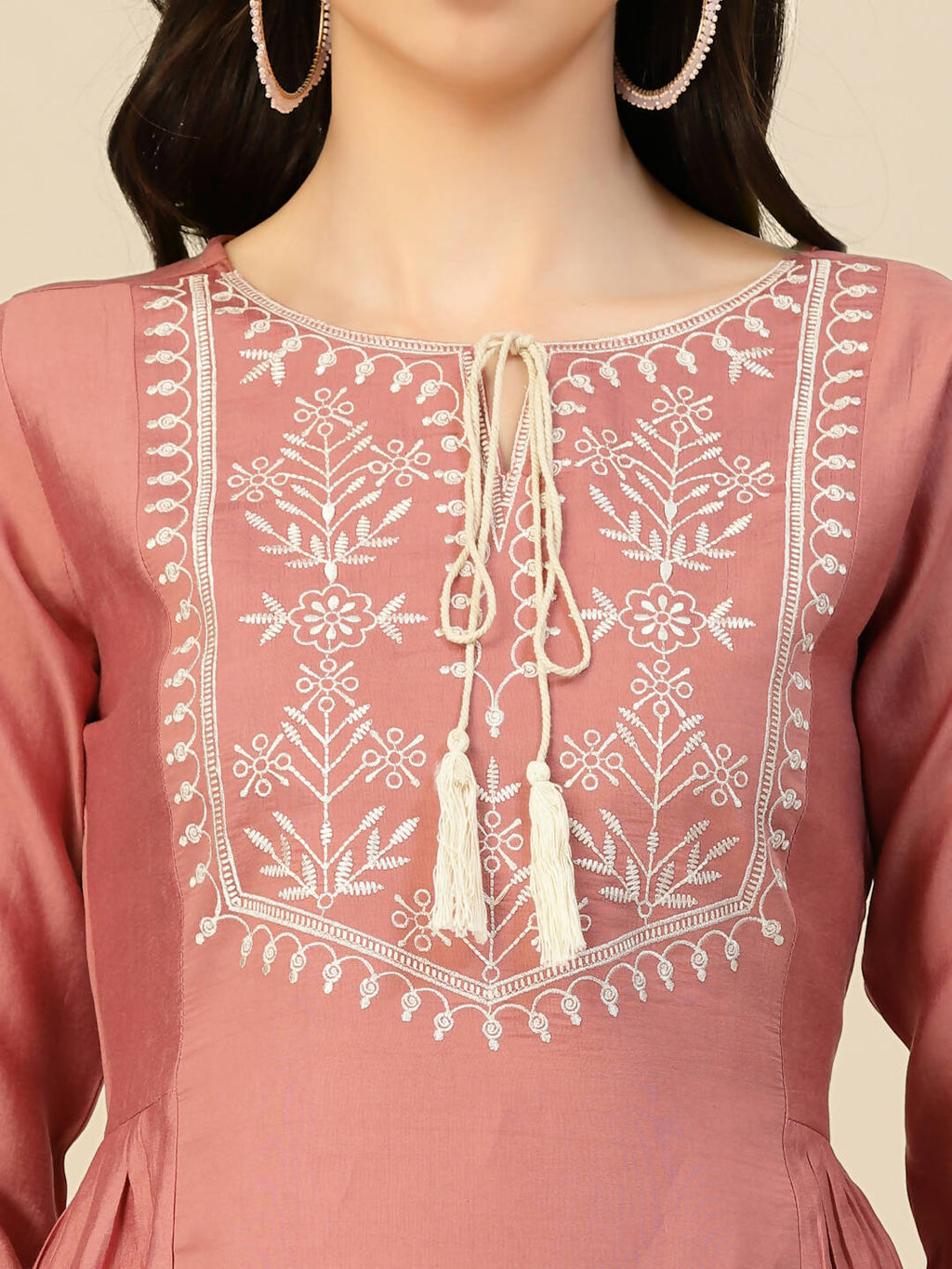 Peach Chinon Slub Floral Embroidered Top - Zeny