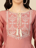 Peach Chinon Slub Floral Embroidered Top - Zeny