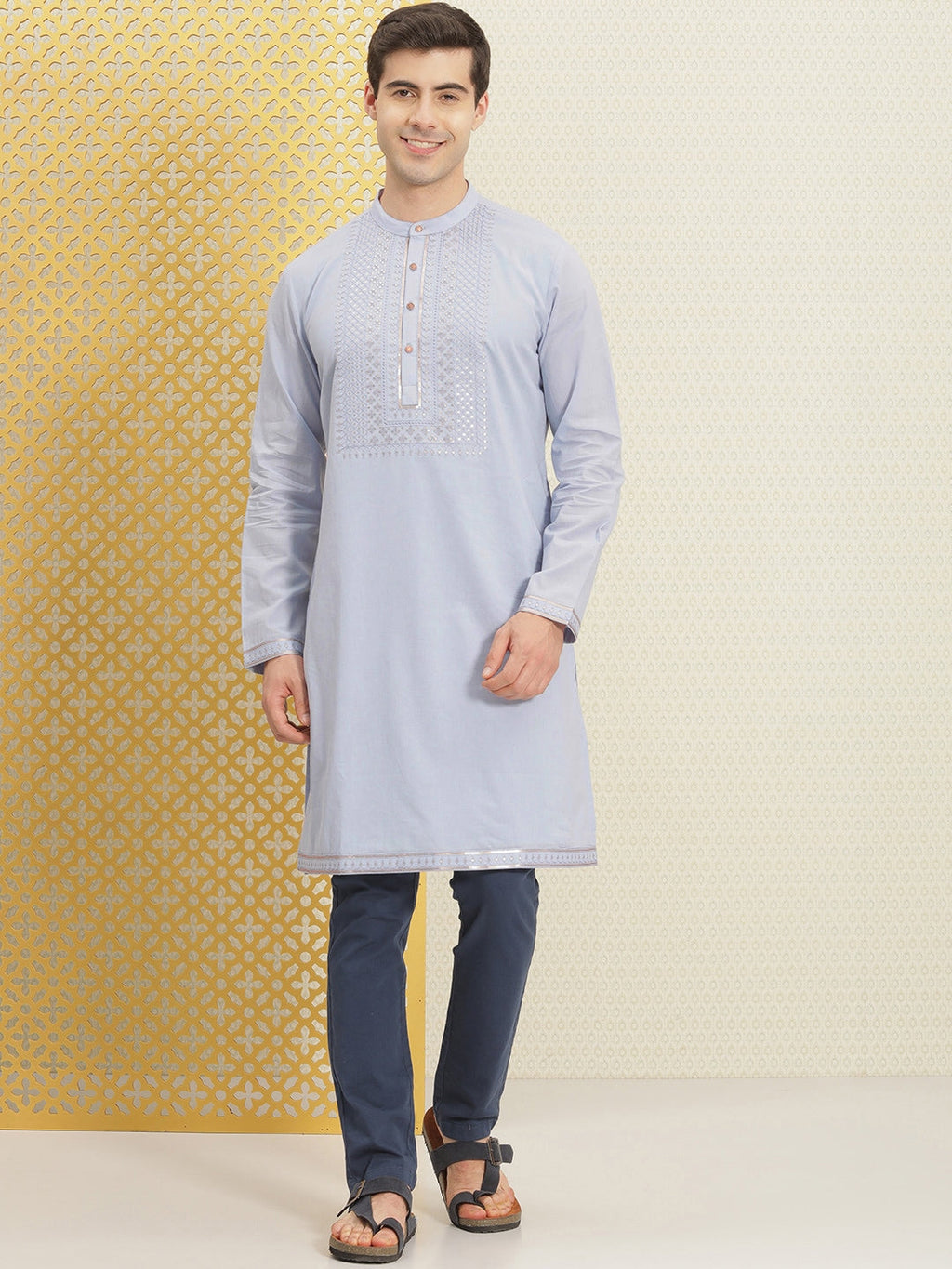 House of Pataudi Jashn Pure Cotton Yoke Design Sequinned Kurta