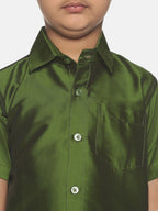 Sethukrishna Boys Green Shirt & Cream-Coloured & Zari Border Veshti Set