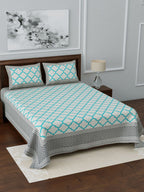LIVING ROOTS White & Blue Printed 210 TC 1 King Jaipuri Bedsheet With 2 Pillow Covers