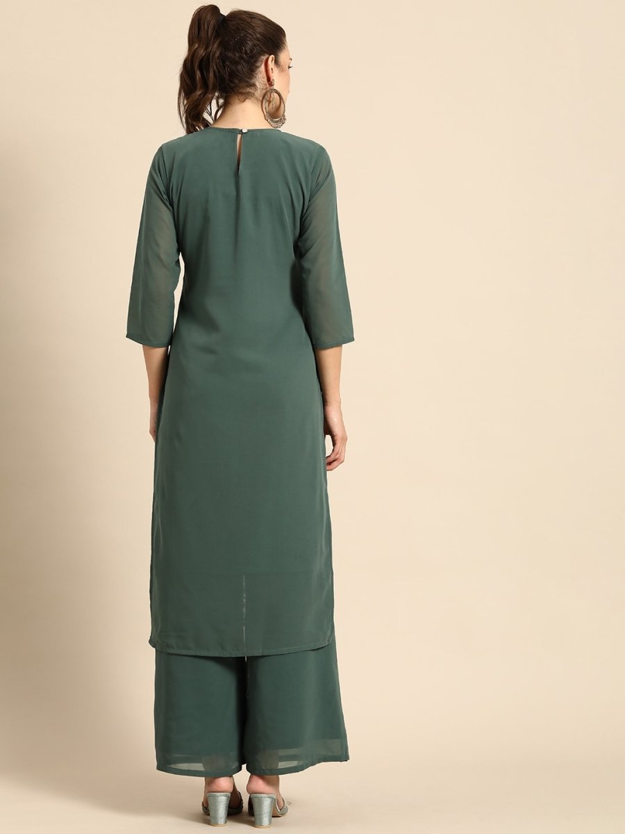 All About You Women Green Ethnic Motifs Embroidered Regular Chikankari Kurta with Palazzos