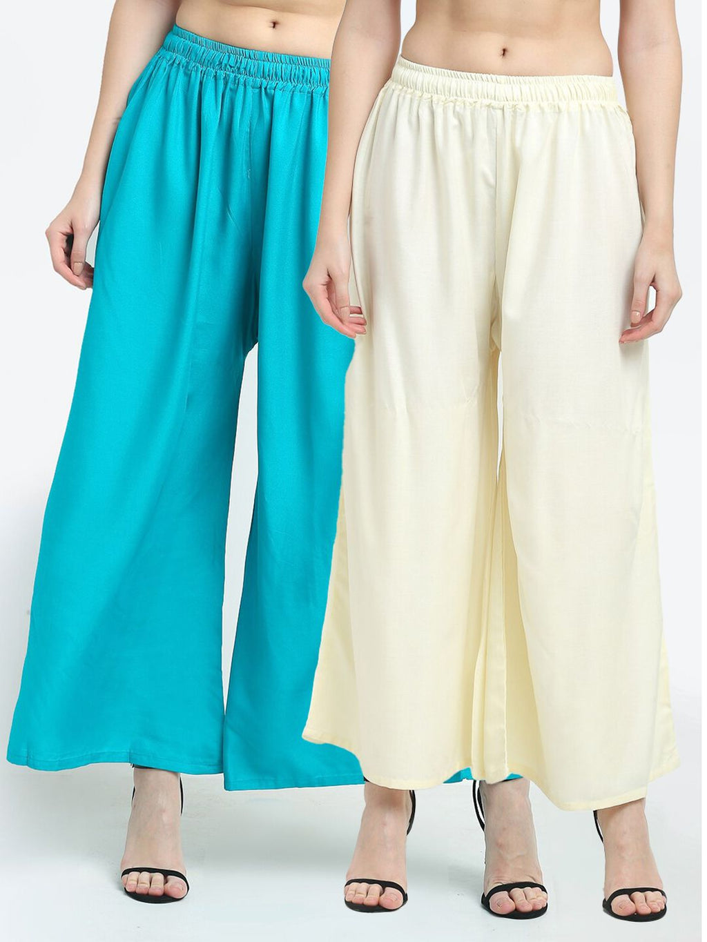 TAG 7 Women Pack Of 2 Cream-Coloured & Turquoise Blue Flared Ethnic Palazzos