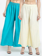 TAG 7 Women Pack Of 2 Cream-Coloured & Turquoise Blue Flared Ethnic Palazzos
