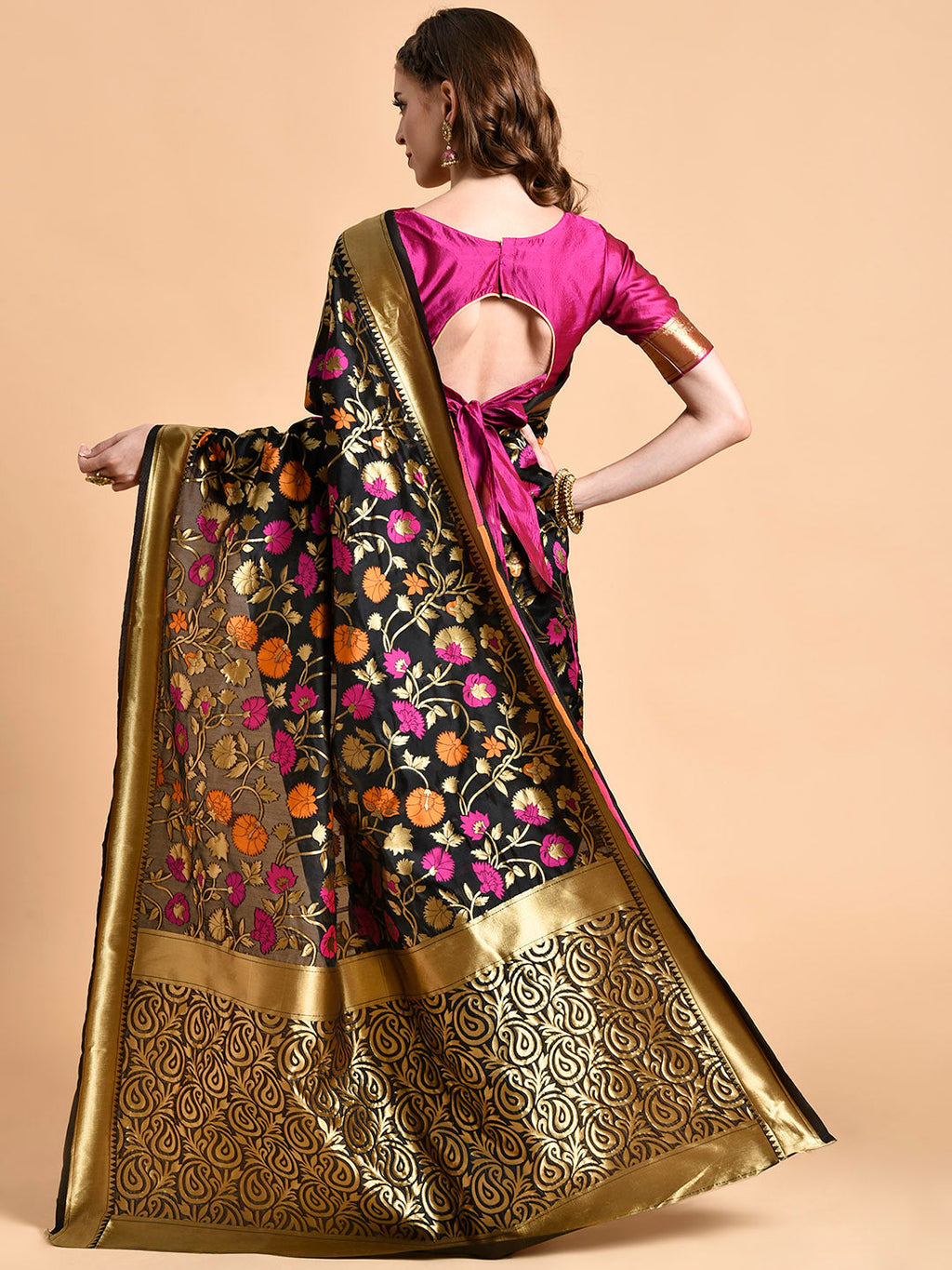 Sangria Black & Pink Floral Zari Silk Blend Banarasi Saree