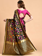 Sangria Black & Pink Floral Zari Silk Blend Banarasi Saree