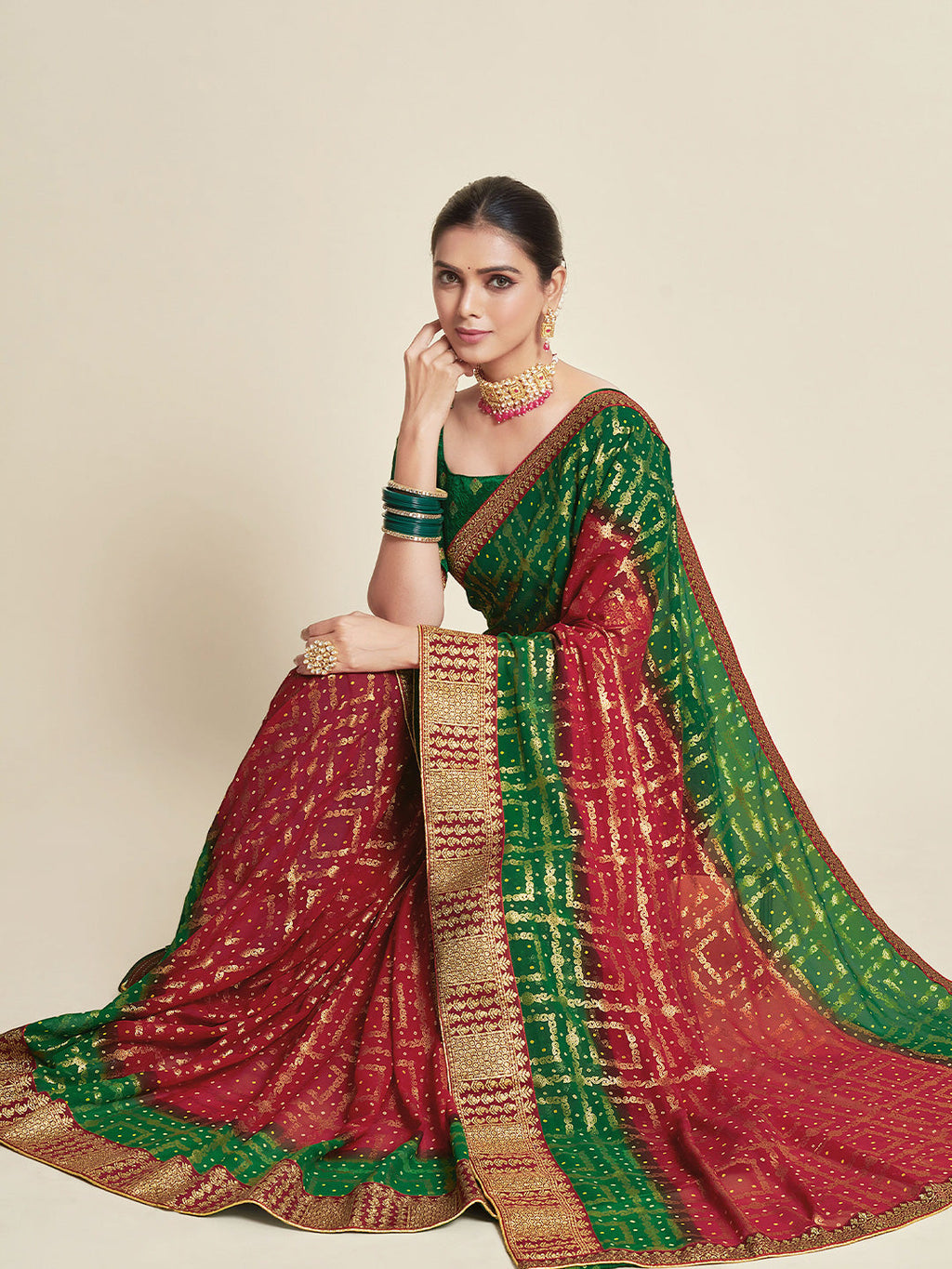 Sangria Red & Green Woven Design Zari Poly Georgette Bandhani Saree - Distacart