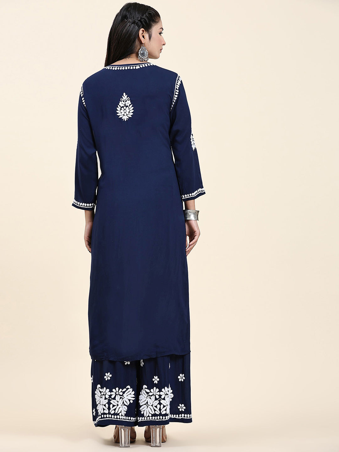 HOUSE OF KARI Ethnic Motifs Embroidered Chikankari Cotton Kurta & Palazzos