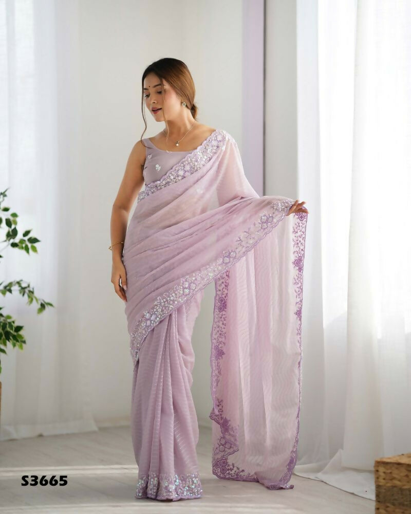 Georgette Designer Sequance Embroidery Work Party Wear Saree - Lavender