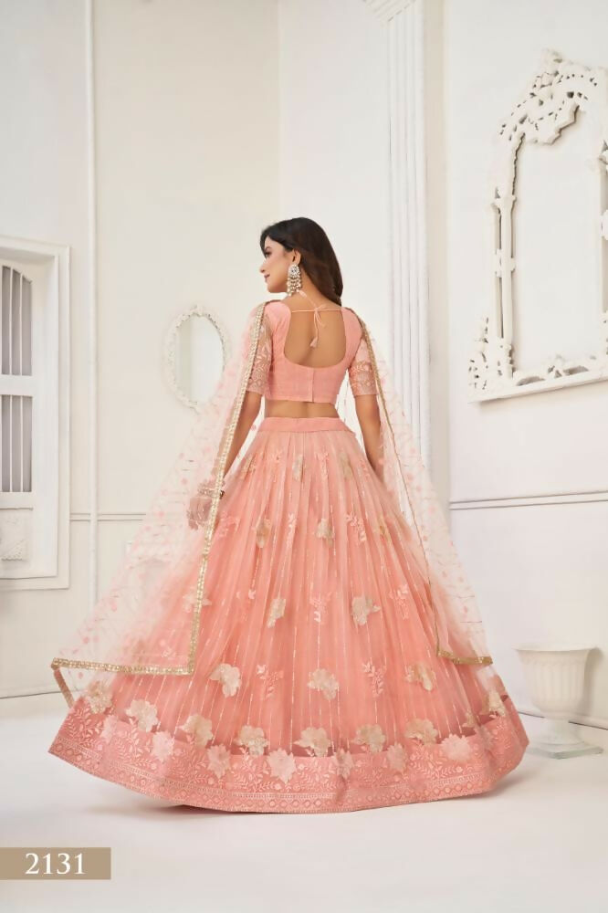 Aastha Fashion Peach Butterfly Net Tone To Tone Thread Work And Sequence Work Embroidery Wedding Wear Lehenga Choli