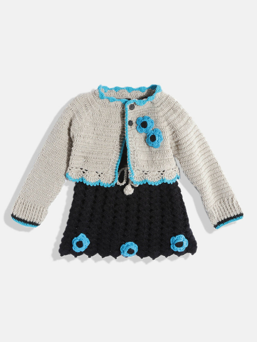 Chutput Kids Woollen Hand Knitted Full Sleeves Cardigan With Short Sleeves Flower Work Dress For Baby Girls - Grey