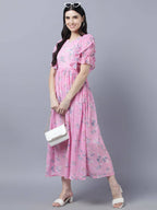 Myshka Women Pink Printed Fit and Flare Dress - Distacart