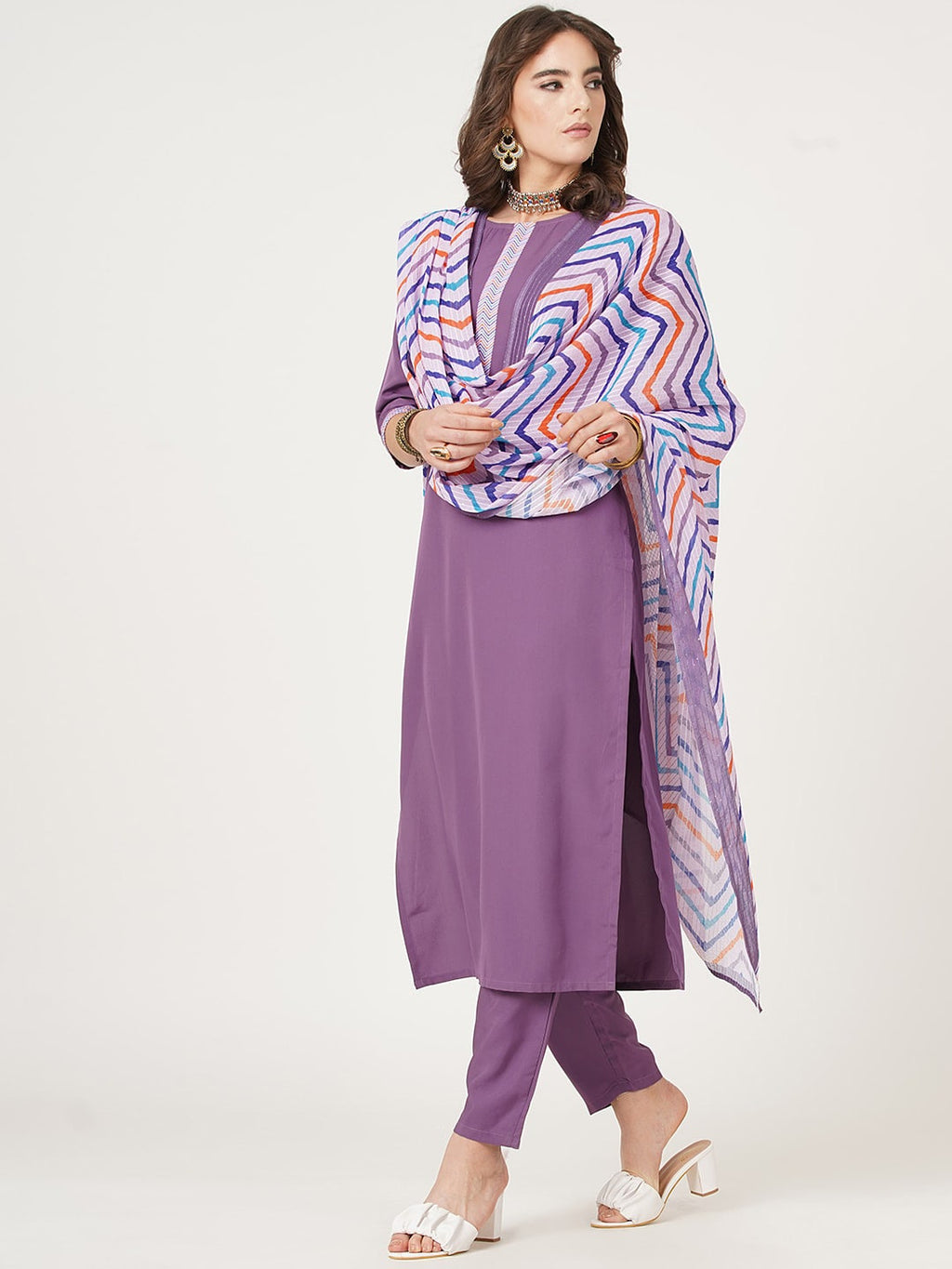 HERE&NOW Straight Kurta with Trousers & Dupatta