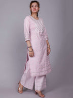 HERE&NOW Pink Ethnic Motifs Embroidered Sequinned Pure Cotton Kurta with Palazzos