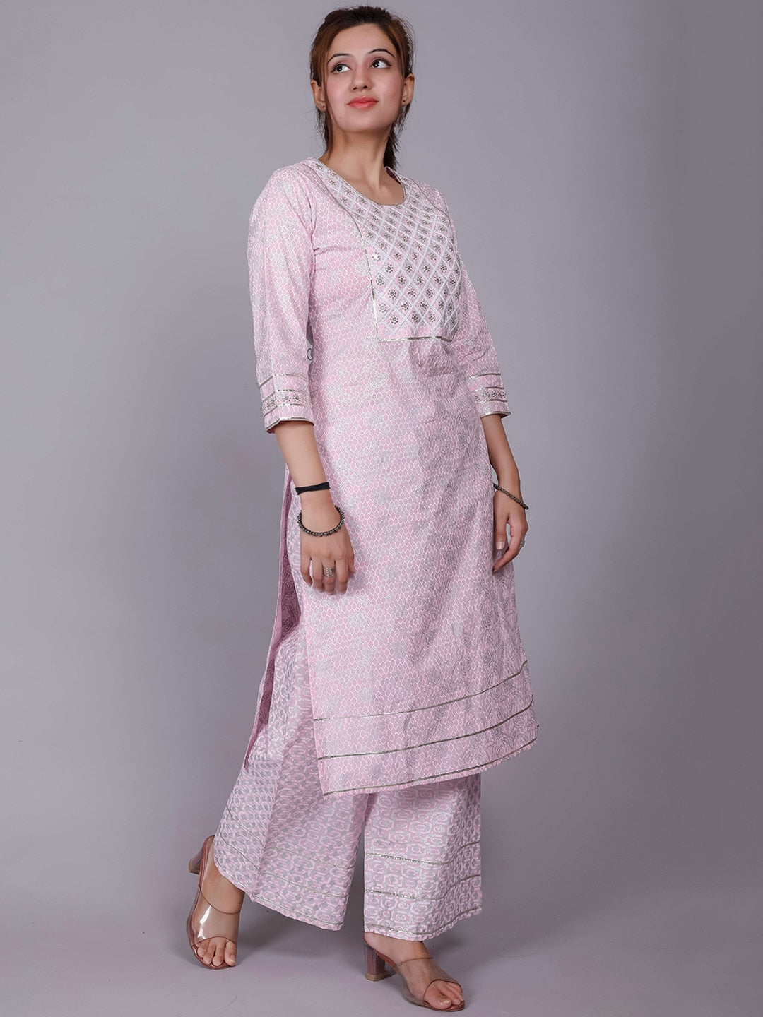 HERE&NOW Pink Ethnic Motifs Embroidered Sequinned Pure Cotton Kurta with Palazzos