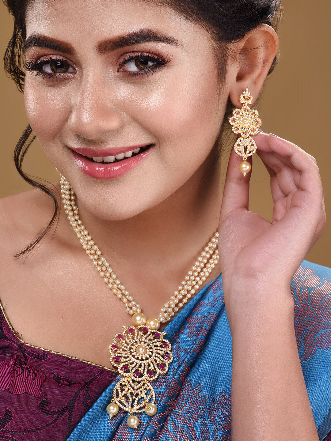 Saraf RS Jewellery Gold-Plated White & Pink American Diamond Studded & Beaded Handcrafted Set - Distacart