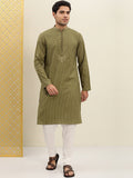 House of Pataudi Men Olive Green Striped Straight Kurta with Embroidered Detail