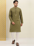 House of Pataudi Men Olive Green Striped Straight Kurta with Embroidered Detail