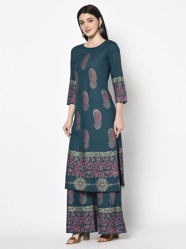 Aniyah Rayon Teal Blue Color Block Print Straight Kurta (AN-224K)