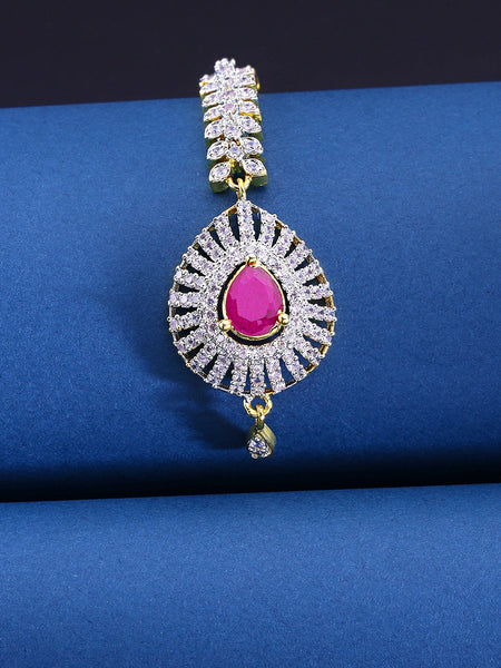 Yellow Chimes Women Gold-Polished American Diamond Pink & White Studded Handcrafted Maang Tikka