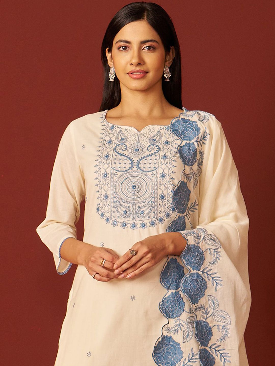 Indo Era Paisley Embroidered Thread Work Pure Cotton Kurta With Trousers And Dupatta - Distacart