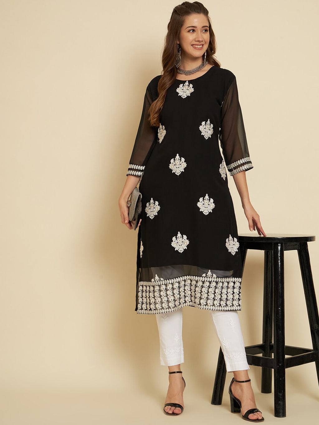 HERE&NOW Black & White Ethnic Motifs Chikankari Embroidered Georgette Kurta